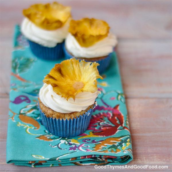 Hummingbird Cupcakes with Dried Pineapple Flowers